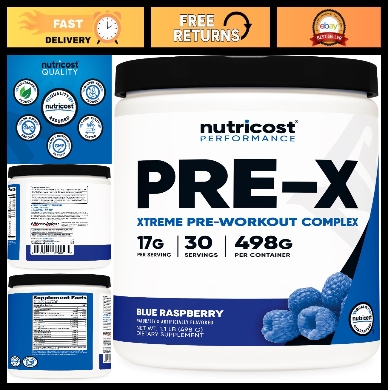 Pre-Workout Powder Complex – Blue Raspberry Flavor, 30 Servings, Vegan, Gluten-F