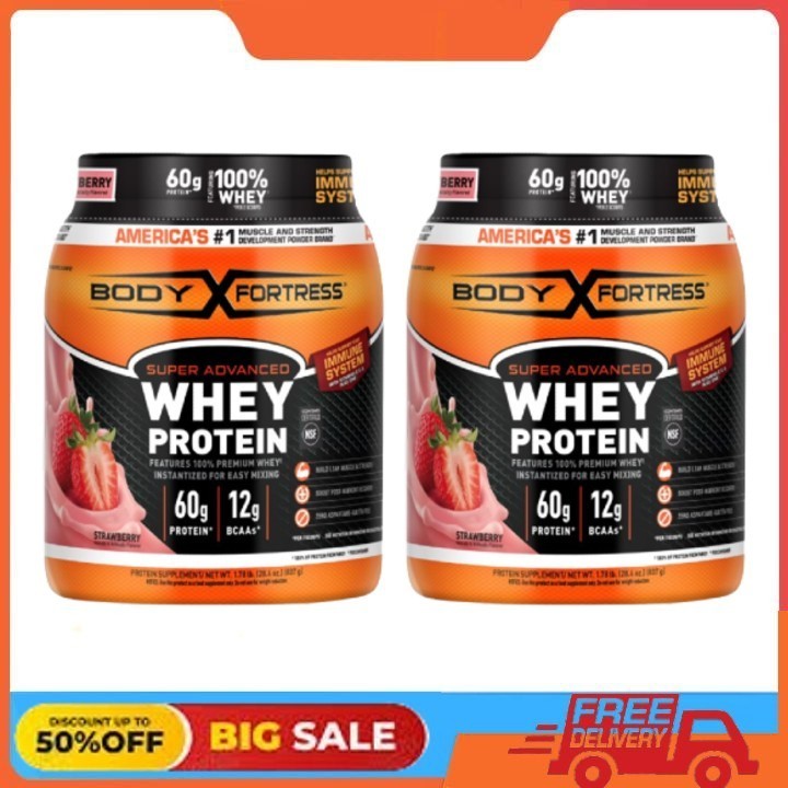 2 Pack Body Fortress Super Premium Whey Protein Powder, Strawberry, 1.78 lb