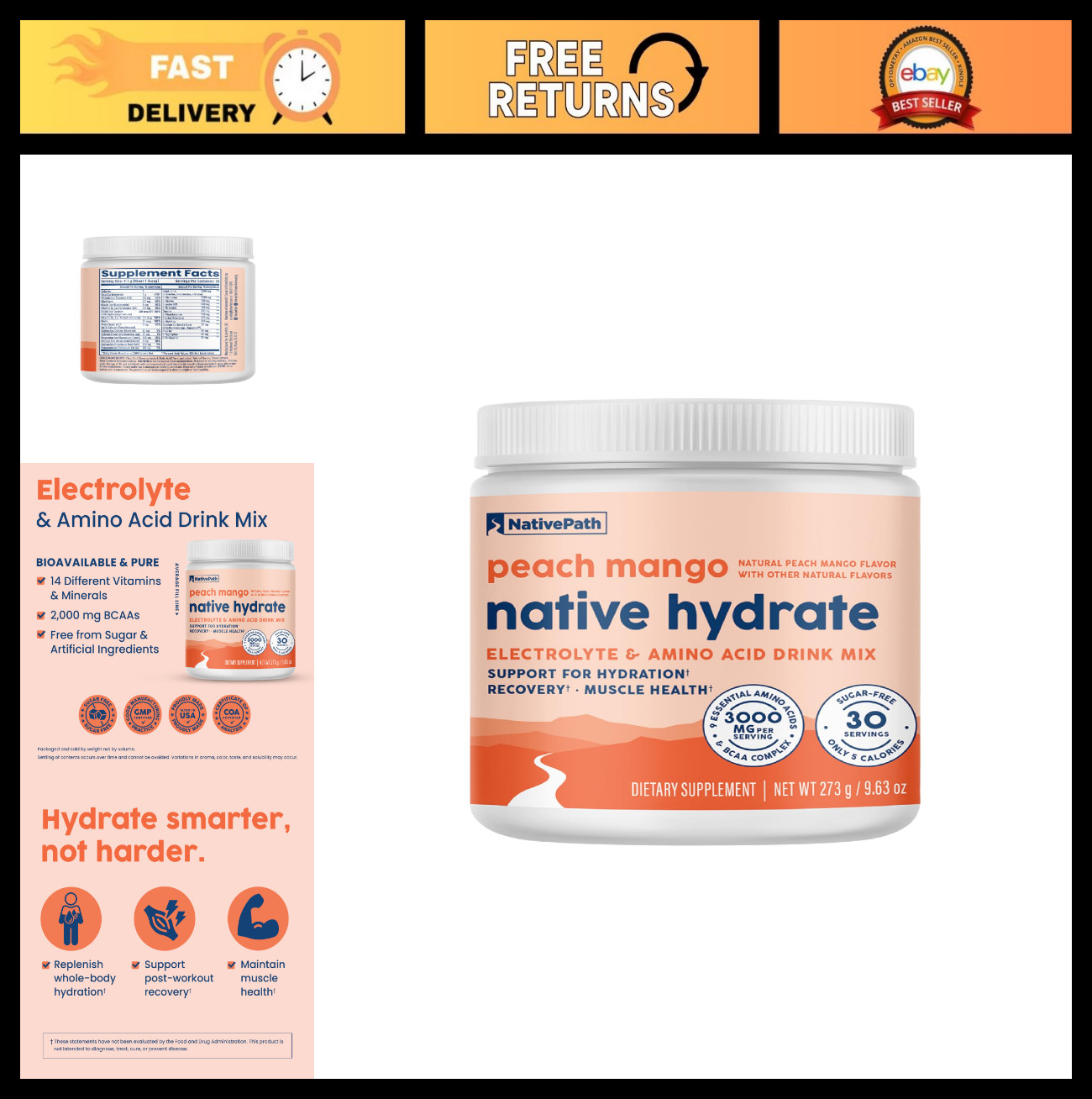 Electrolyte Powder with BCAAs, Zero Sugar, Peach Mango Flavor, Keto & Paleo, 30