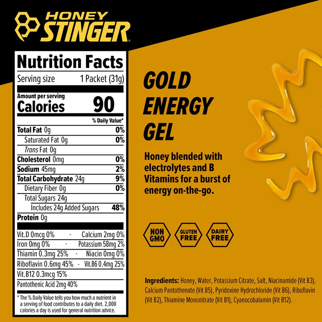 Honey Stinger Energy Gel Gold, Box of 24 With B Vitamins & Electrolytes