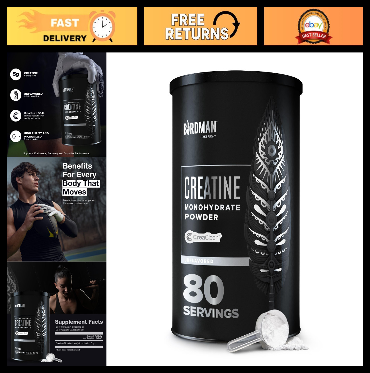 Micronized Creatine Monohydrate Powder – Vegan, Gluten Free, 80 Servings, Muscle