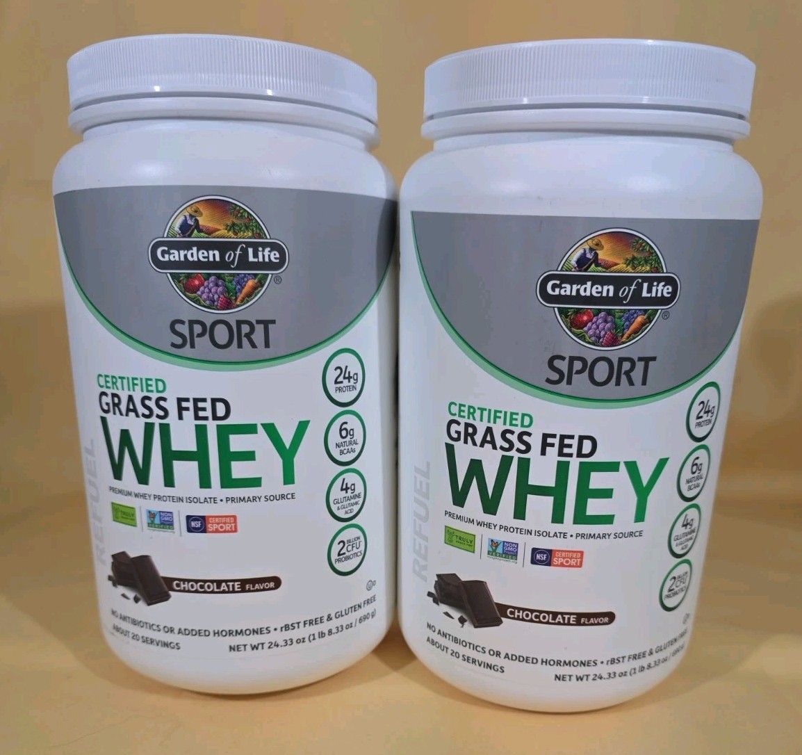 Garden of Life Sport Grass Fed Whey Protein Chocolate Cert Organic 24.3oz 2 Pack