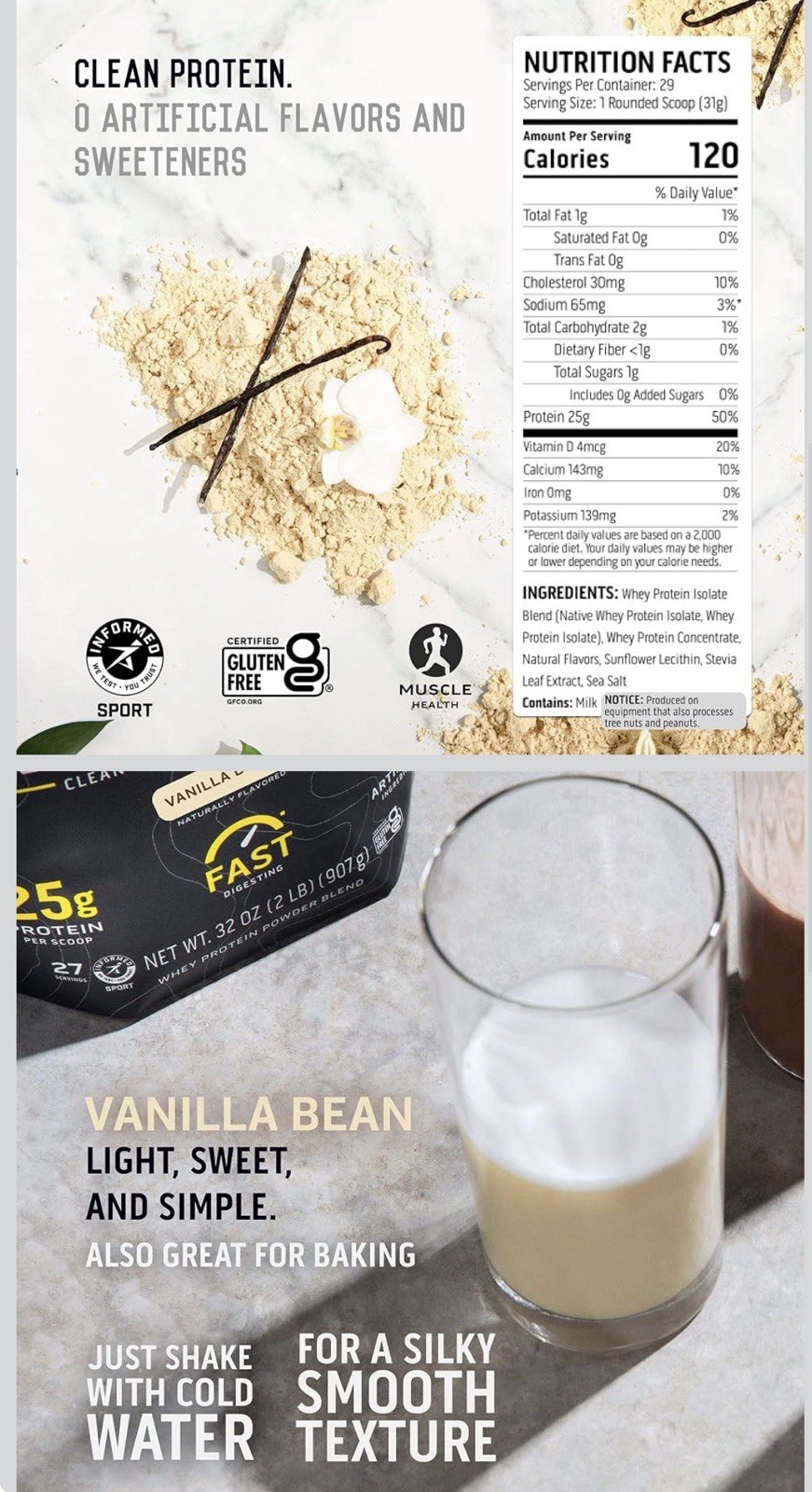 Ascent 100% Whey Protein Powder Vanilla Bean 2 Lb BB 5/07/26