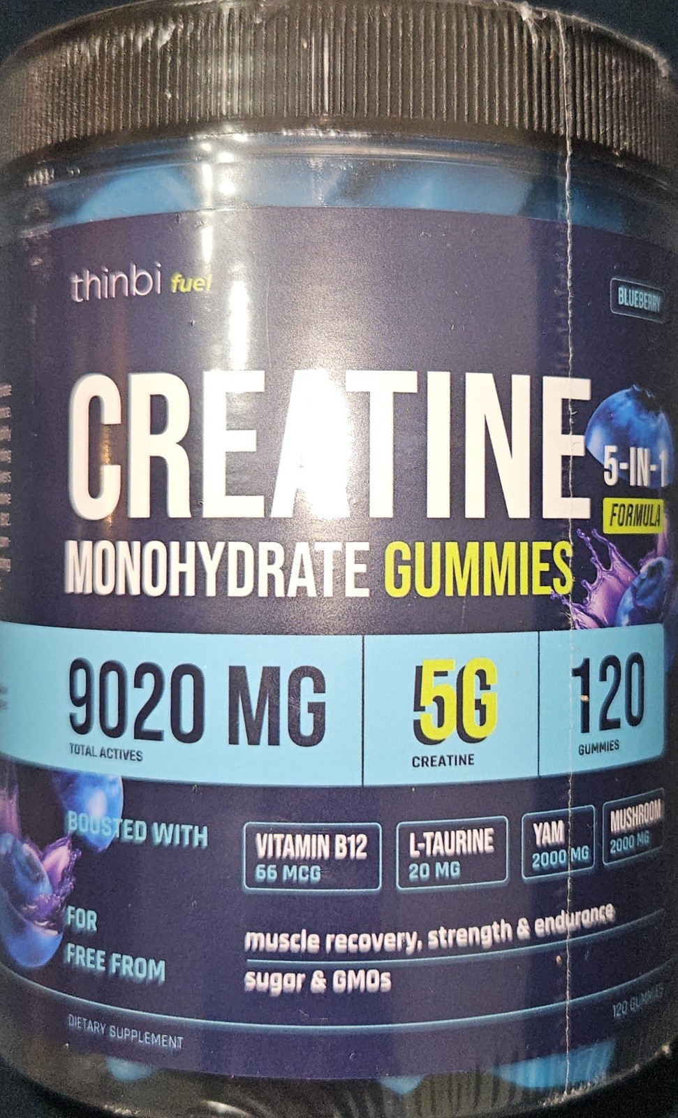 Thinbi Creatine Gummies Men & Women 9020mg 5-in-1 Complex Sugar Free Blueberry