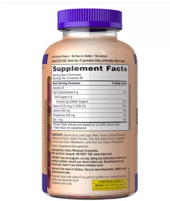 Kirkland Signature Calcium 500 mg with D3 & Zinc, 240 Adult Gummies