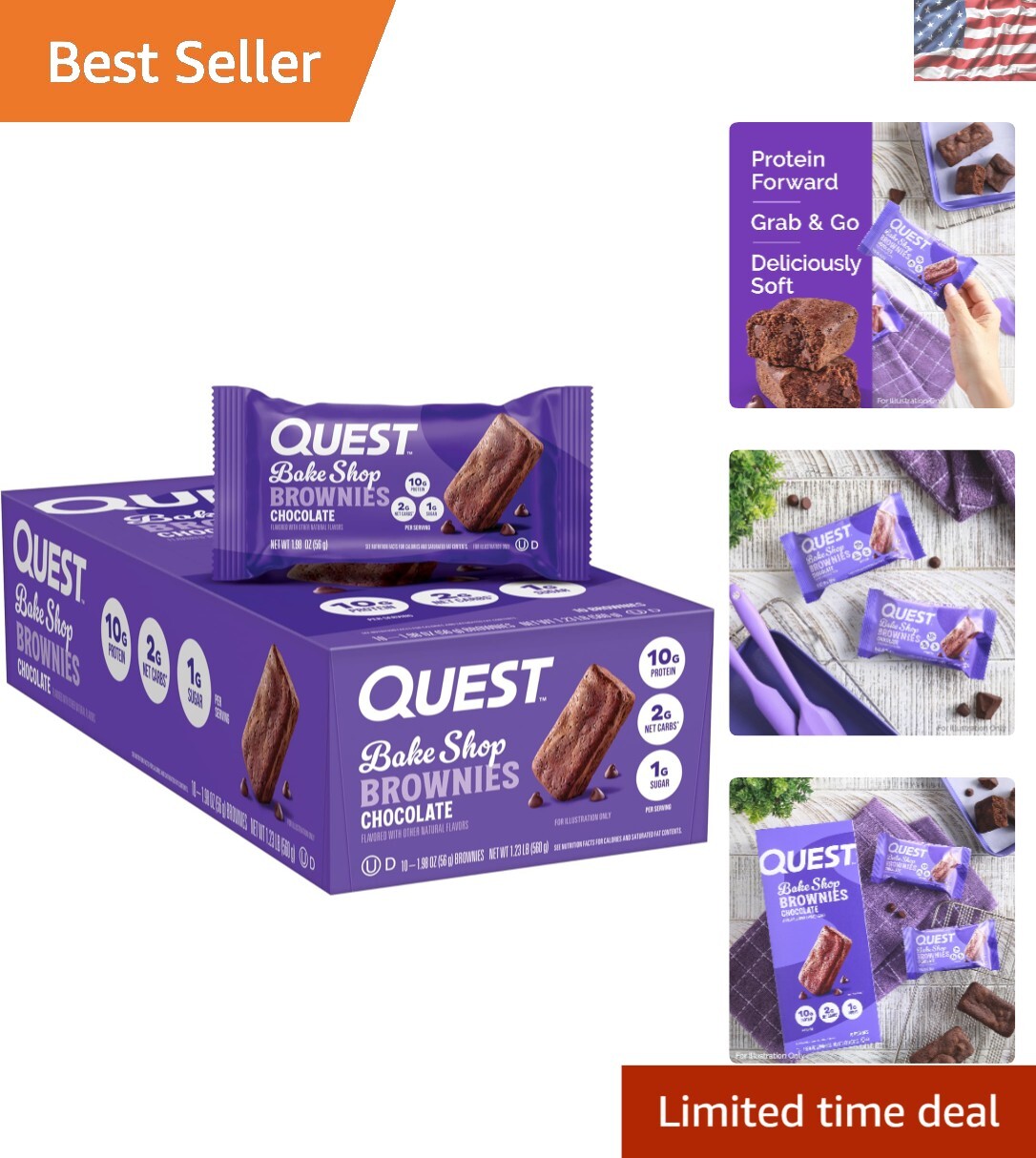 Quest Bake Shop Chocolate Brownies – 10g Protein, 2g Carbs, 1g Sugar, 10 Count