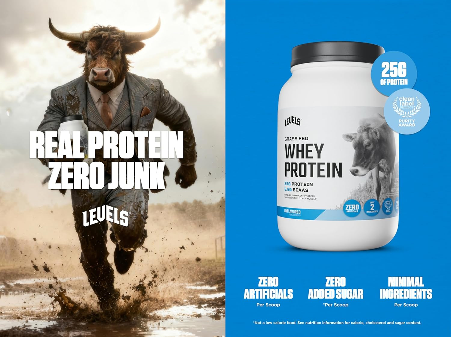 Levels Grass Fed Whey Protein Powder, No Artificials, 25G of Protein, Unflavore
