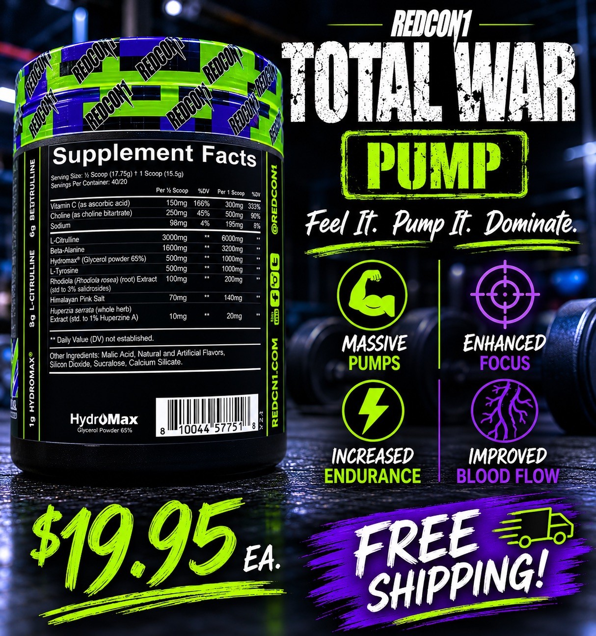 REDCON1 TOTAL WAR PUMP Sour Gummy Bear Stim Free Pre-Workout 30 Serv 2027 EXP