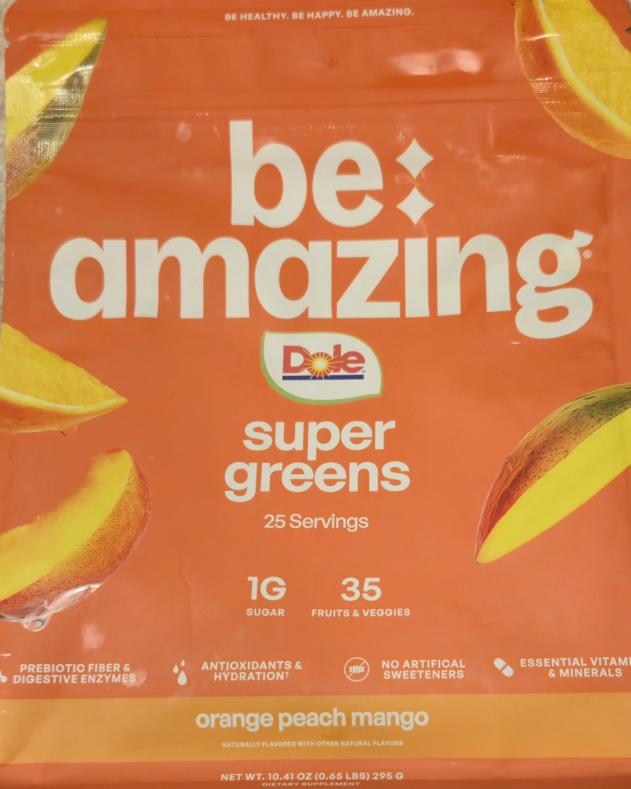 BE Amazing SUPER GREENS 11 oz (25 Serv) Natural Orange Peach Mango BESTBY 10/26