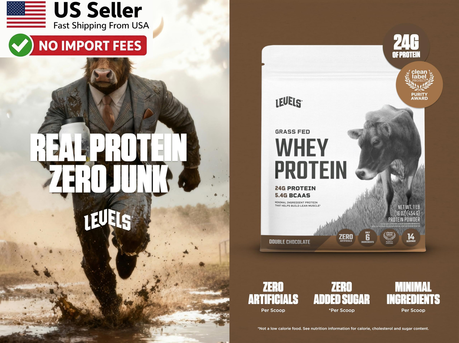 Levels Grass Fed Whey Protein Powder 24G Double Chocolate 1LB No Stuff FROM USA