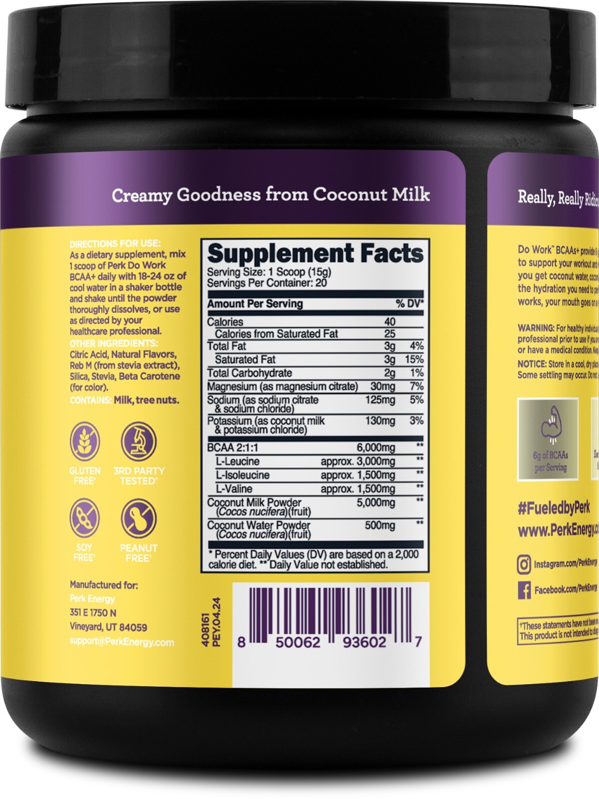 Perk BCAAs + Hydration Electrolytes – Naturally Sweetened Lemon Tart 20 Servings