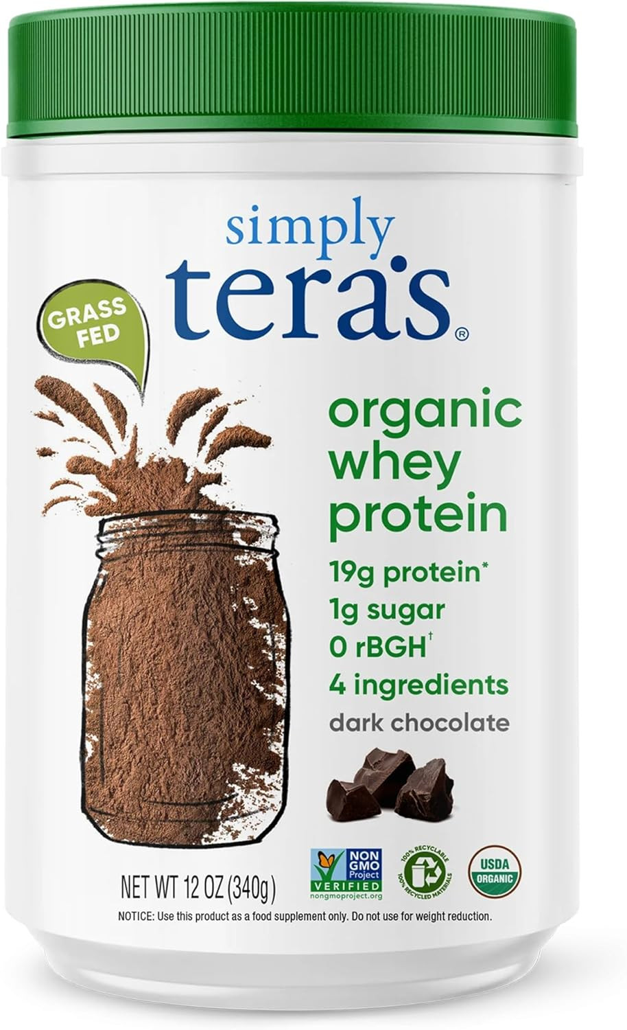 Grass Fed Whey Protein Powder Organic Non GMO Gluten Free 12oz