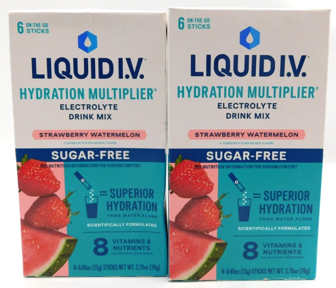 2- Liquid I.V. Strawberry Watermelon Sugar Free, 12 On The Go Sticks Total, 8/27