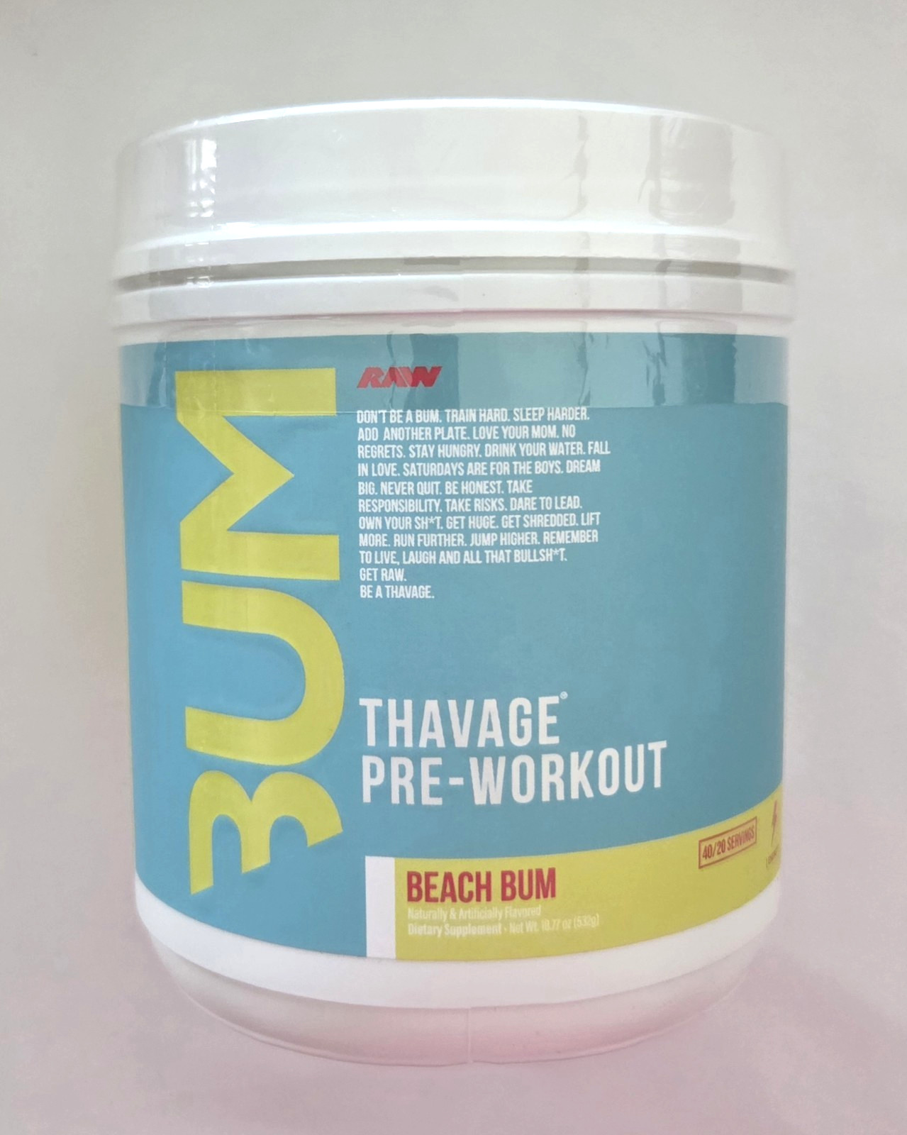 RAW Pre Workout Powder Thavage Beach Bum Sports Nutrition Supplement 40 Servings