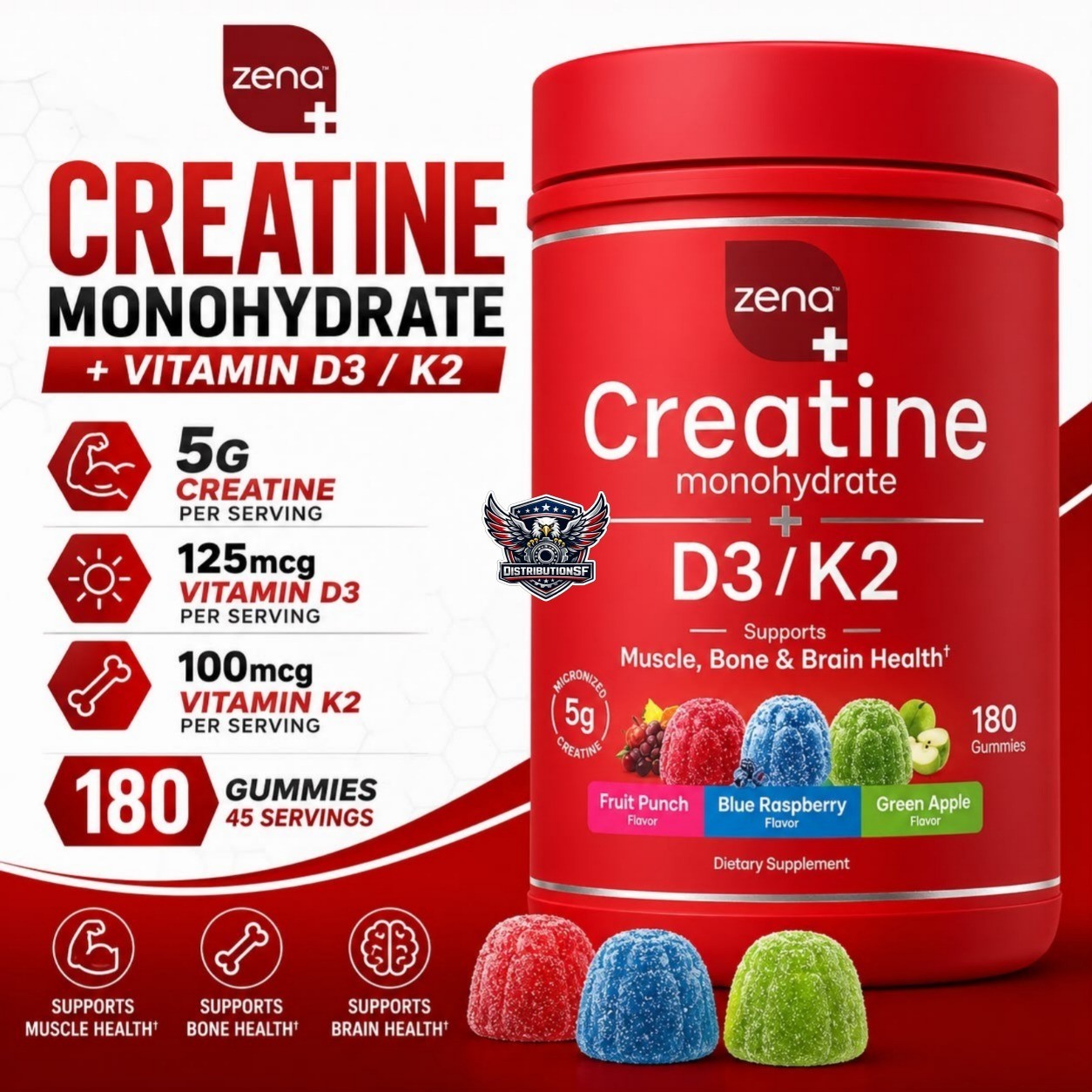 Zena Creatine Monohydrate Gummies + Vitamin D3 K2 180 Gummies 5g Creatine