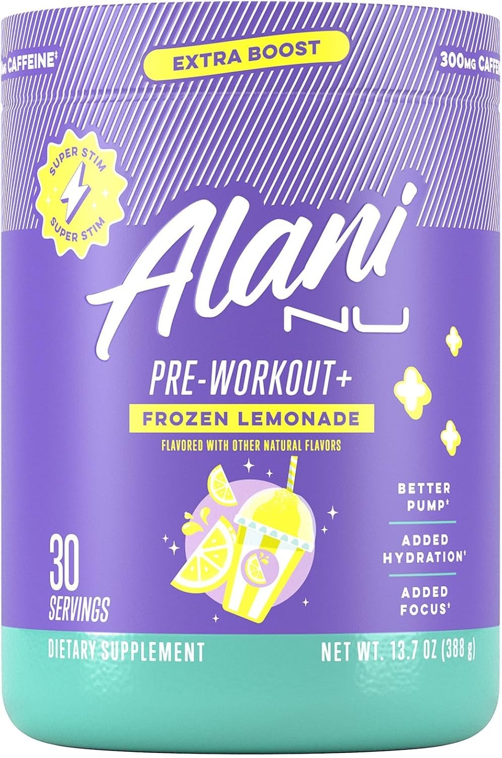 Pre Workout+ Powder Frozen Lemonade, Boost Energy, Sugar Free, 300mg Caffeine…