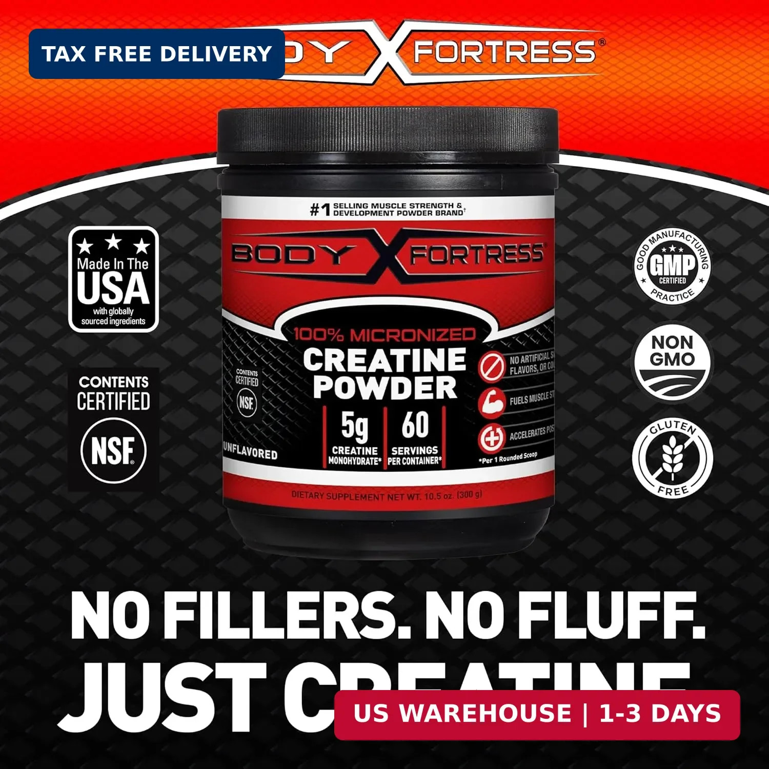 Body Fortress 100% Creatine Monohydrate Powder – Unflavored Micronized Creatine