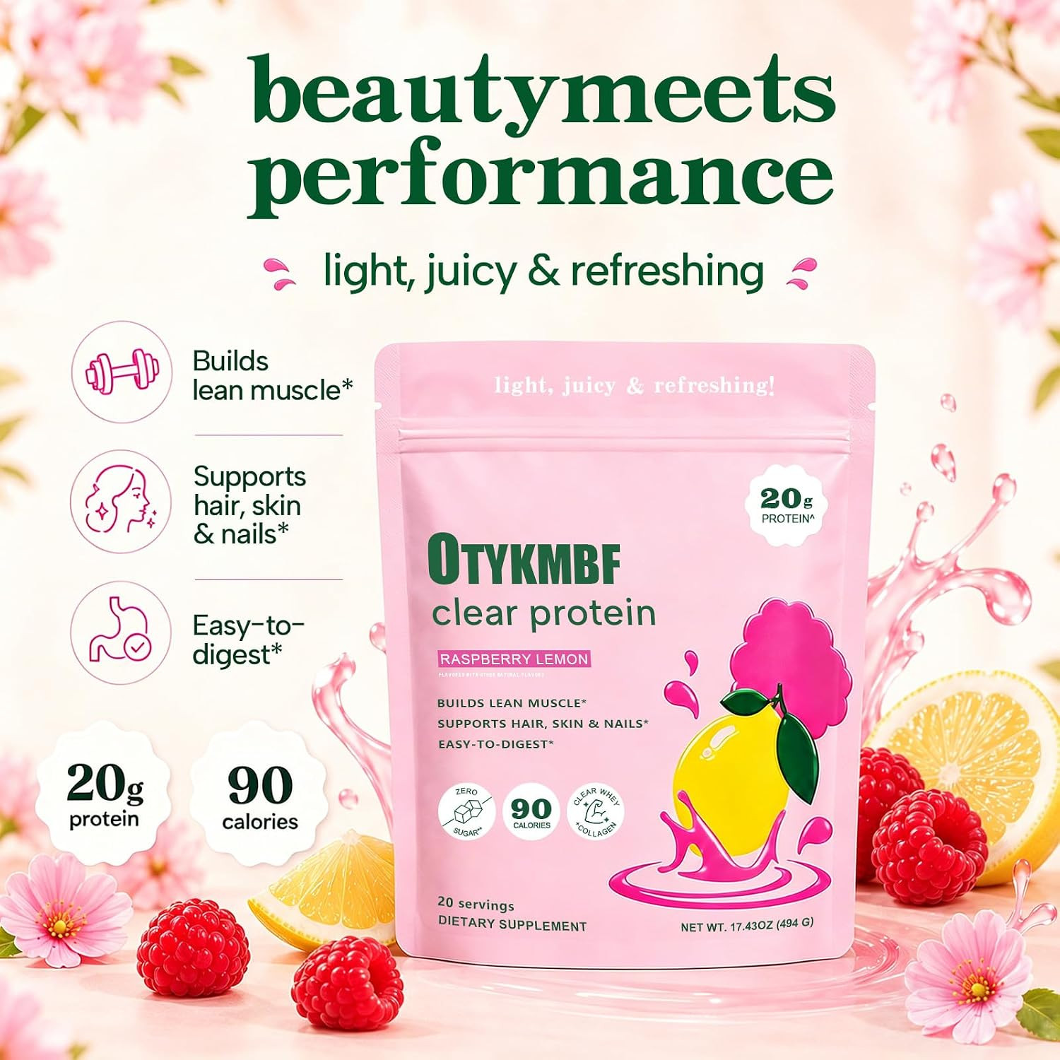 Clear Protein Powder 494G, Raspberry Lemon, 20G Protein, Whey Protein Isolate wi