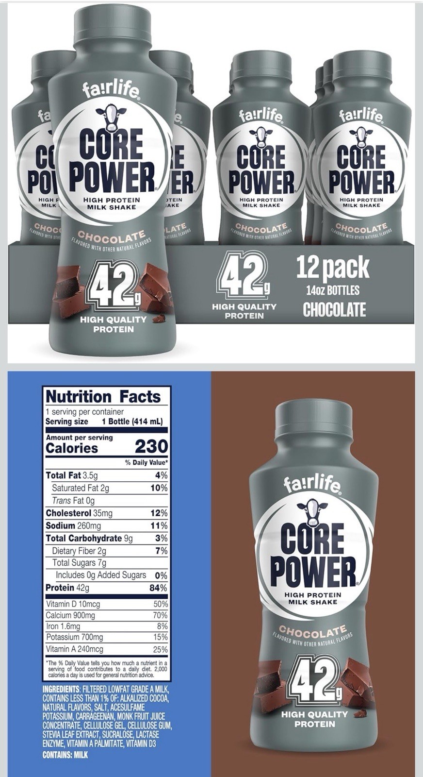 fairlife Core Power 42g Protein Chocolate Milk Shake 14 fl oz 12 Pack