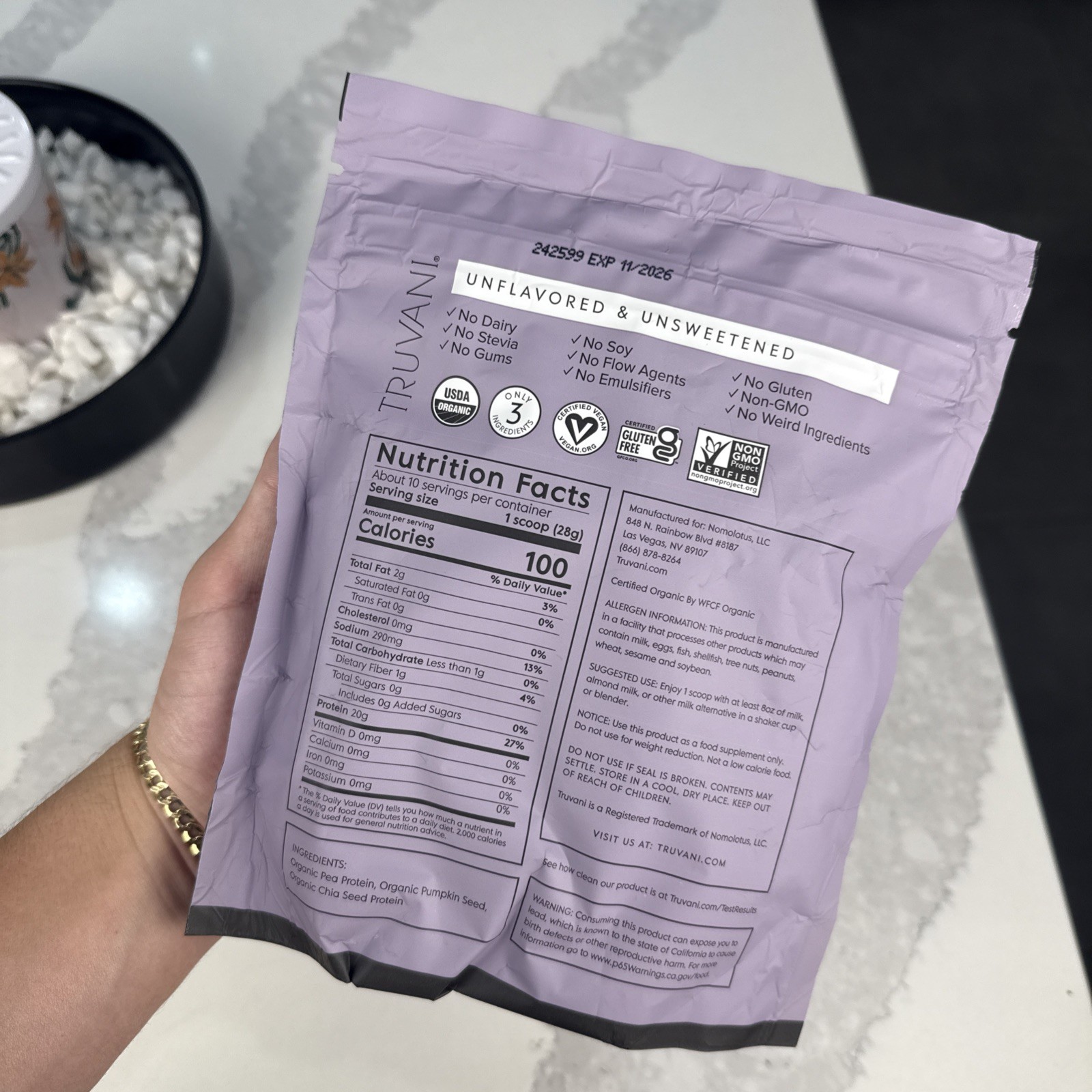 Truvani Certified Organic Plant Based Protein Unflavored & Unsweetened FRESH