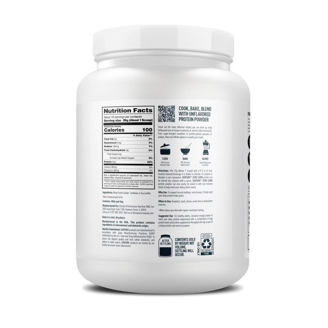 Isopure Zero Carb 100% Whey Protein Isolate Unflavored Protein Powder 25g 16ser