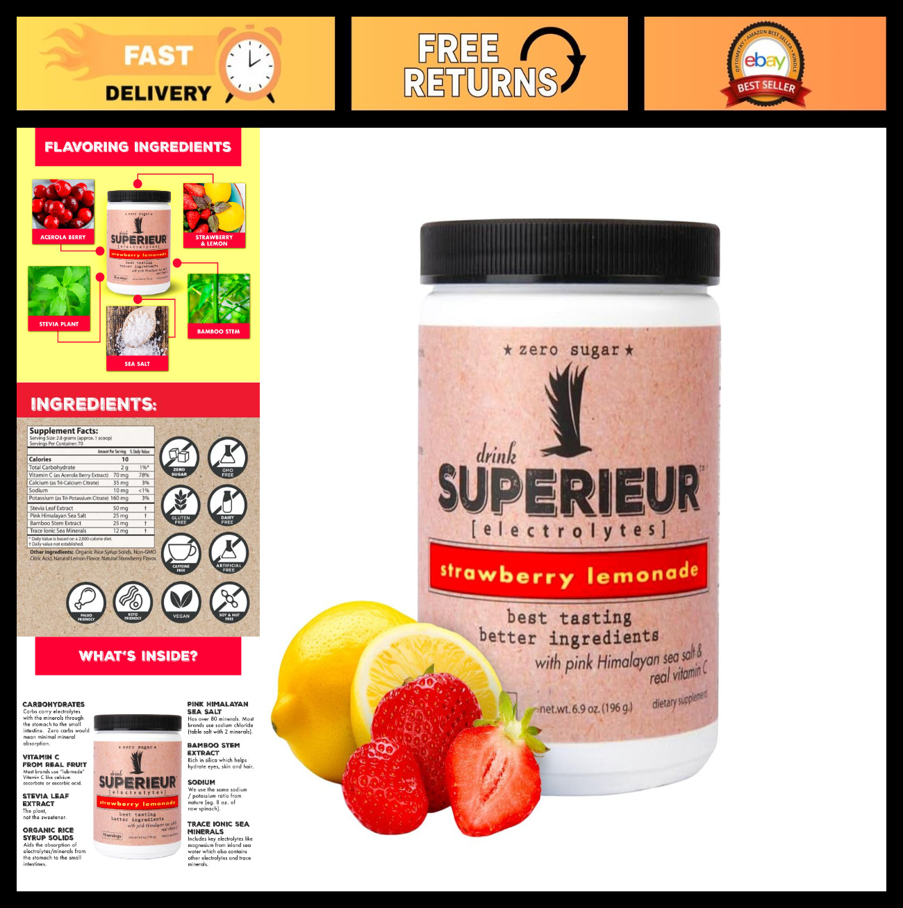 Electrolyte Powder Strawberry Lemon – 70 Servings, Plant-Based, Zero Sugar, Keto