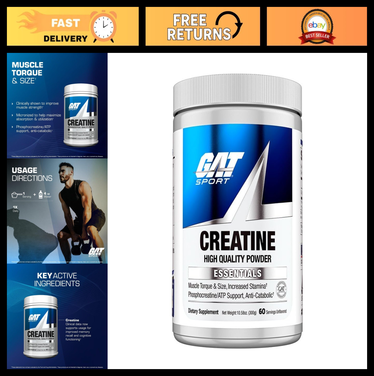 Micronized Creatine Monohydrate Powder, 10.58 oz (60 Servings) for Muscle Mass &