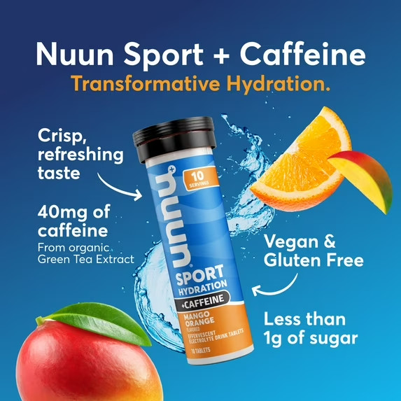 Nuun Sport + Caffeine Electrolytes Hydration Drink Mix Tablets, Mango Orange,10c