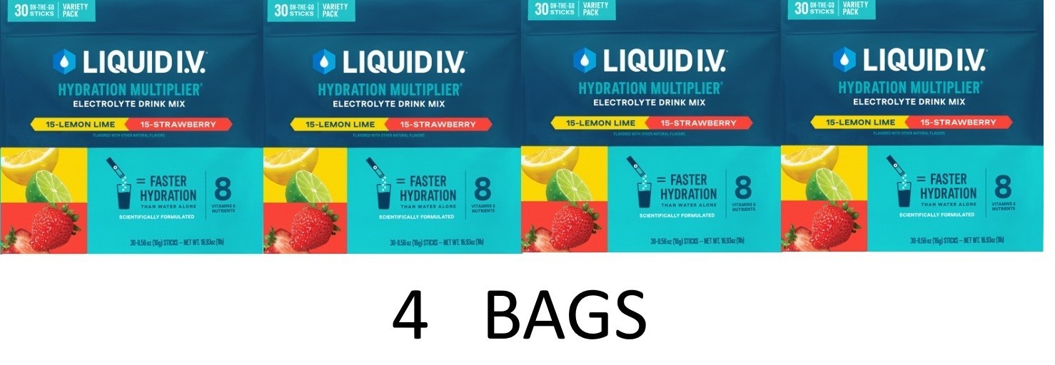 Liquid IV Hydration Multiplier Electrolyte STRAWBERRY LEMON LIME 30 Pkts 4 BAGS