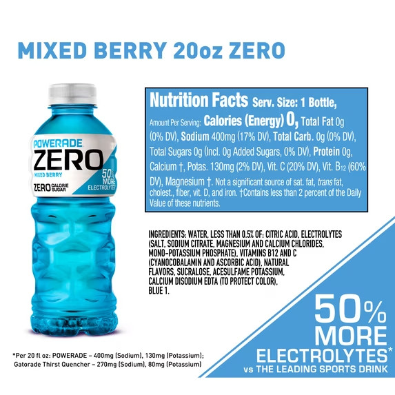 Powerade Zero Sugar Mixed Berry Sports Drink 20oz Bottles 24 Pack