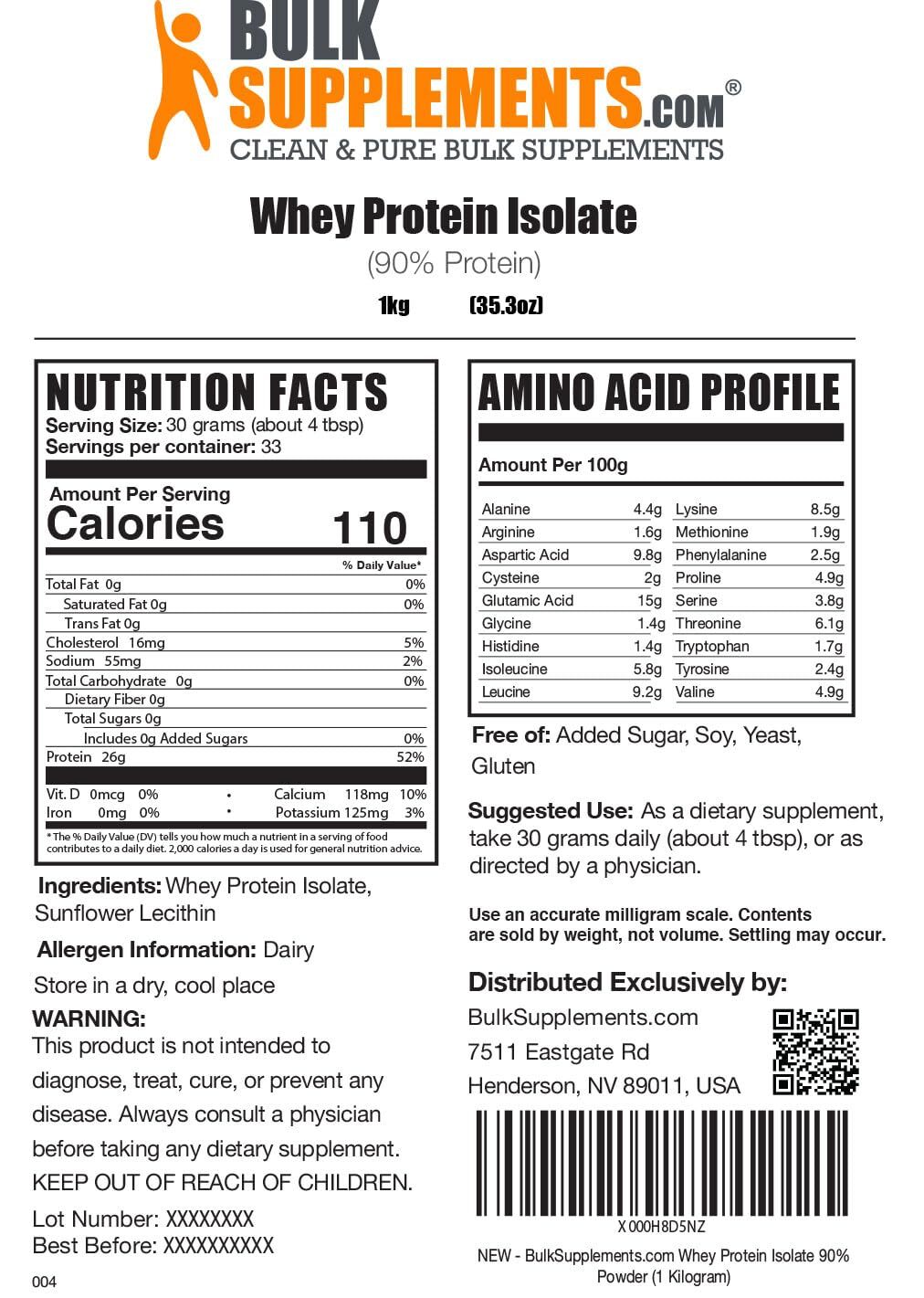 WHEY PROTEIN ISOLATE Powder Unflavored 30g per Serving 1 Kg BULKSUPPLEMENTS