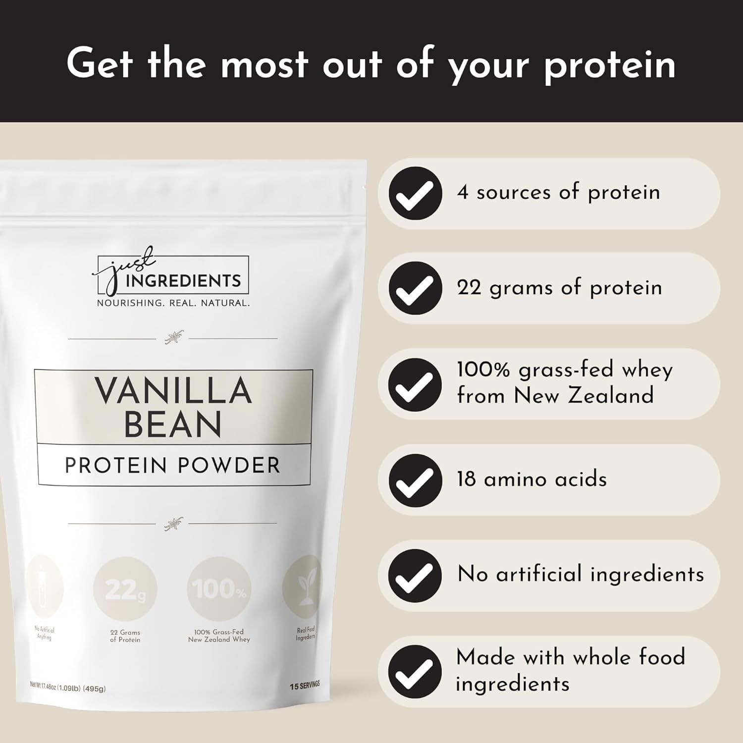 JUST Ingredients Vanilla Bean Protein Powder Casein Free 22g 15 Servings 17.46oz