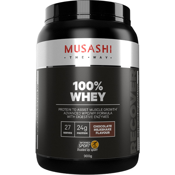 New MUSASHI 100% WHEY Protein Powder 900g Chocolate Milkshake Flavour