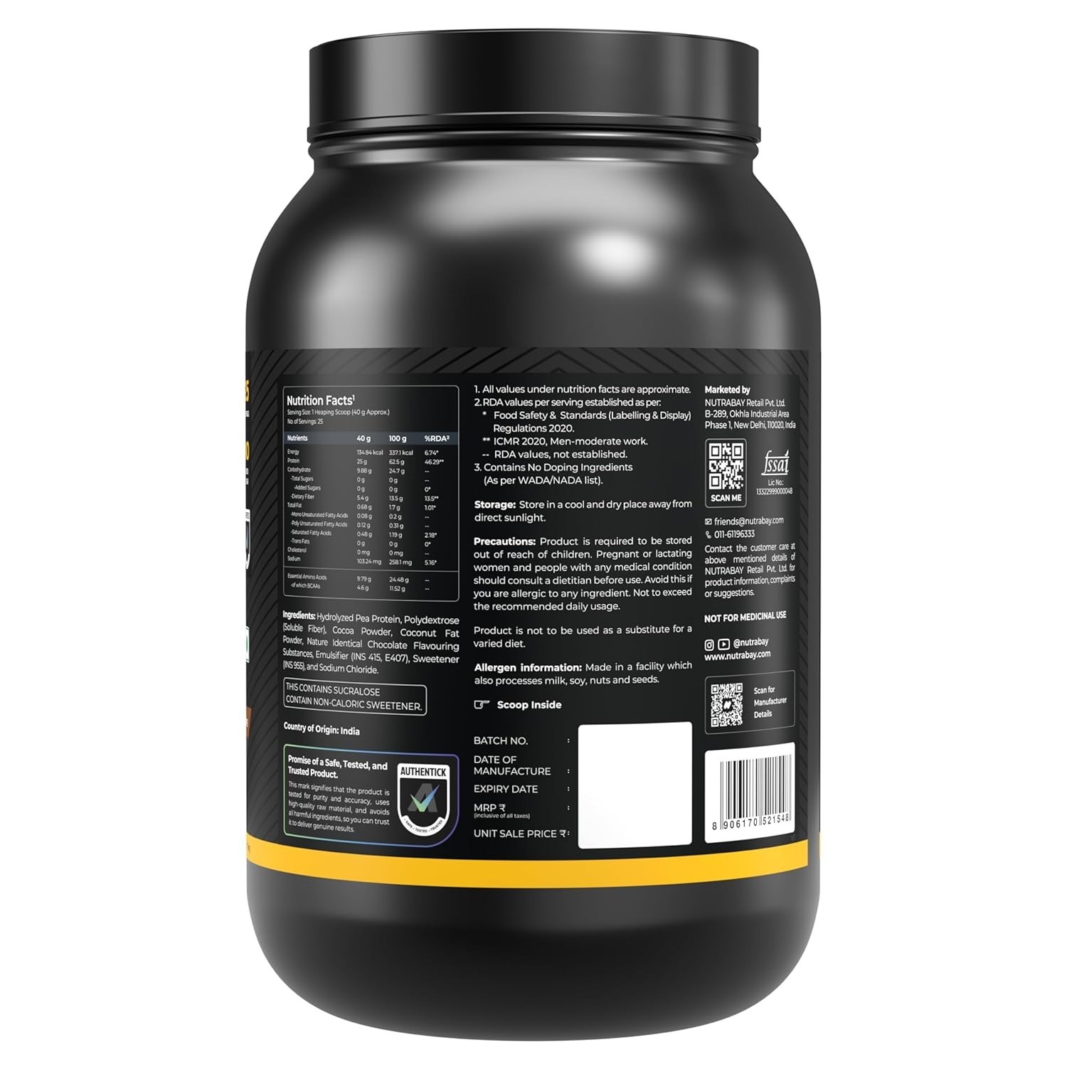 Pea Protein Powder 25g Protein, 4.6g BCAA, 5g Fiber| Rich Chocolate, 25 Servings
