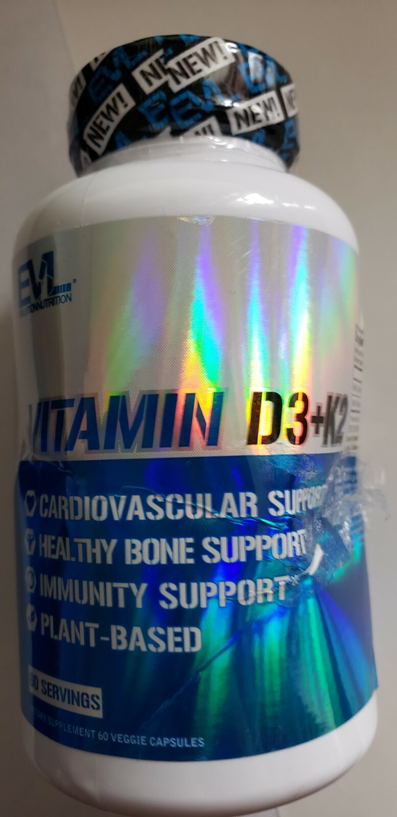 Evlution Nutrition – Vitamin D3+K2 – 60 Veg Caps – Cardio/Bone Support – 12/2026