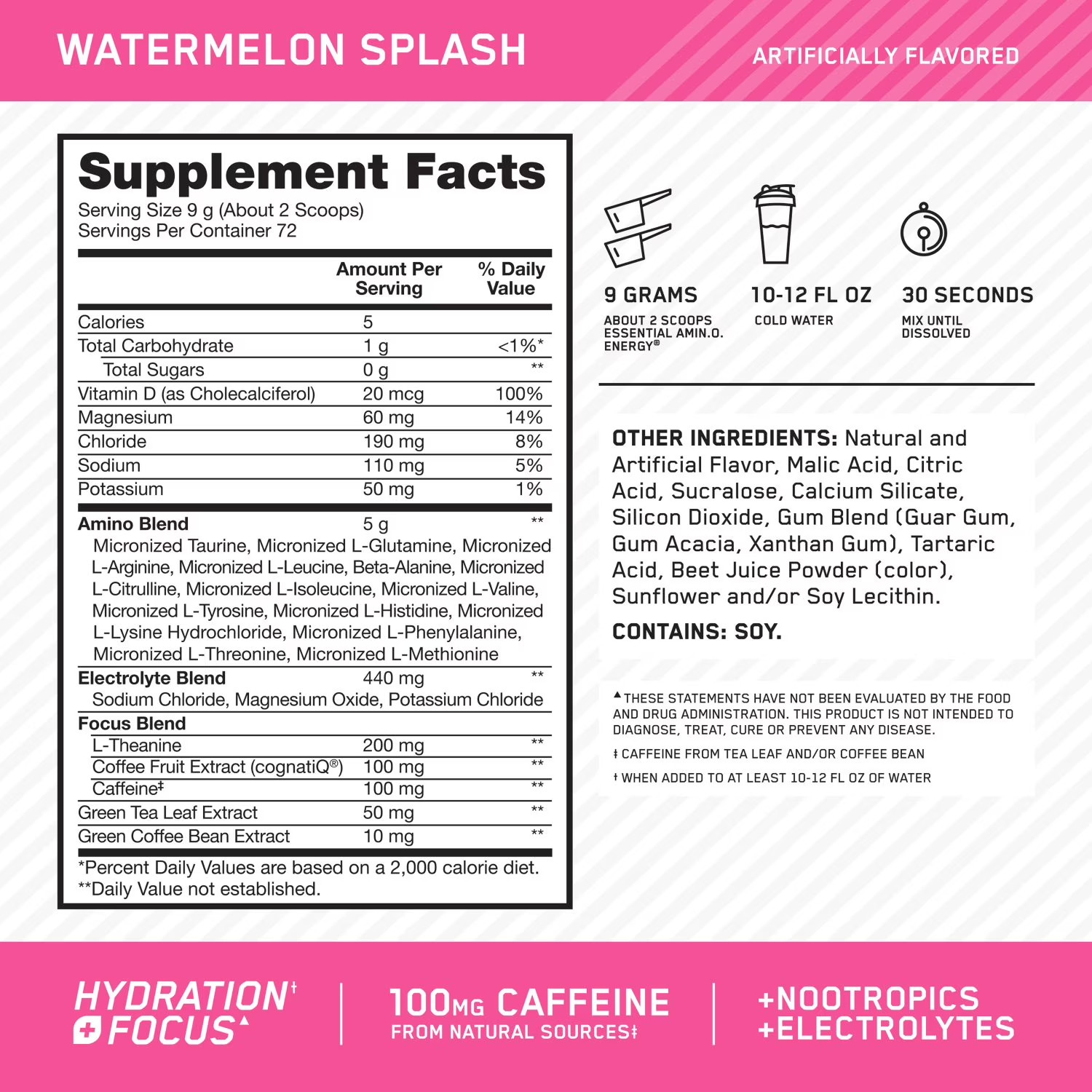 Optimum Nutrition, Amino Energy + Focus, Pre-Workout, Watermelon, 1.42 lbs.