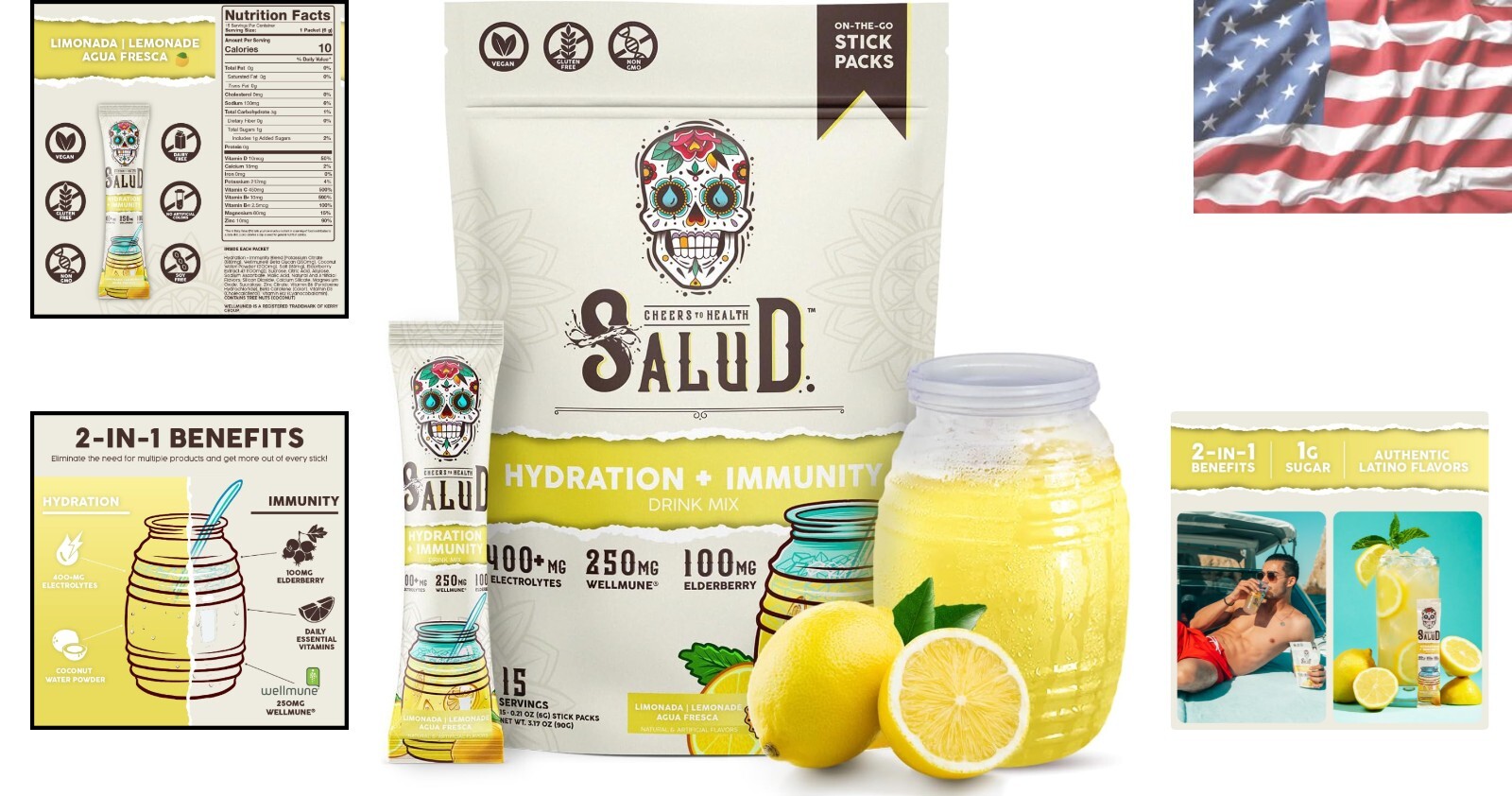 Salud 2-in-1 Hydration Packets: Lemonade Electrolyte Drink Mix with Elderberry