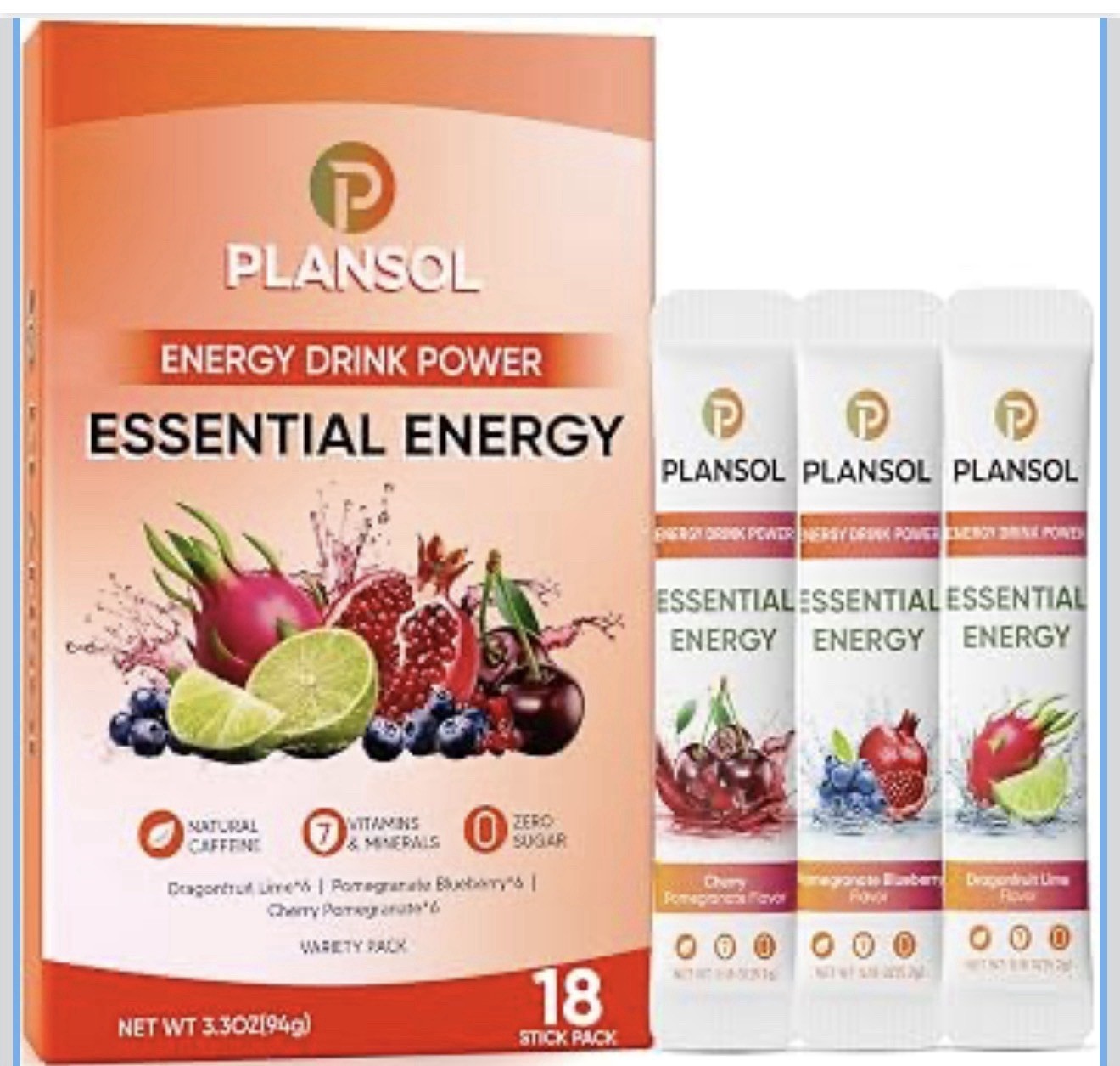 Plansol Pre-Workout Energy Drink Mix Powder Variety 18 Sticks 150mg Caffeine