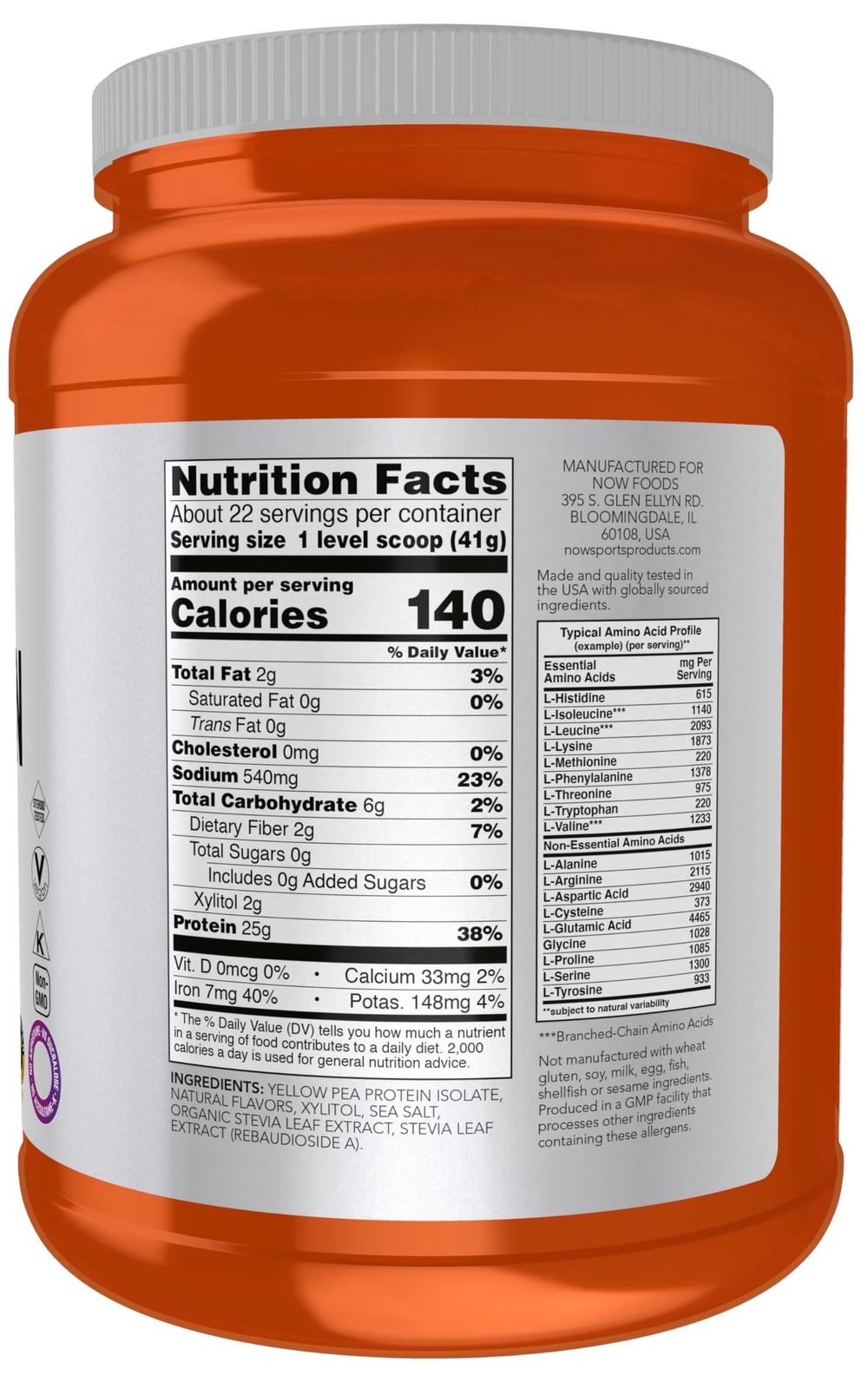 NOW Sports Pea Protein Powder 25g Protein 22 Servings Non GMO with BCAAs