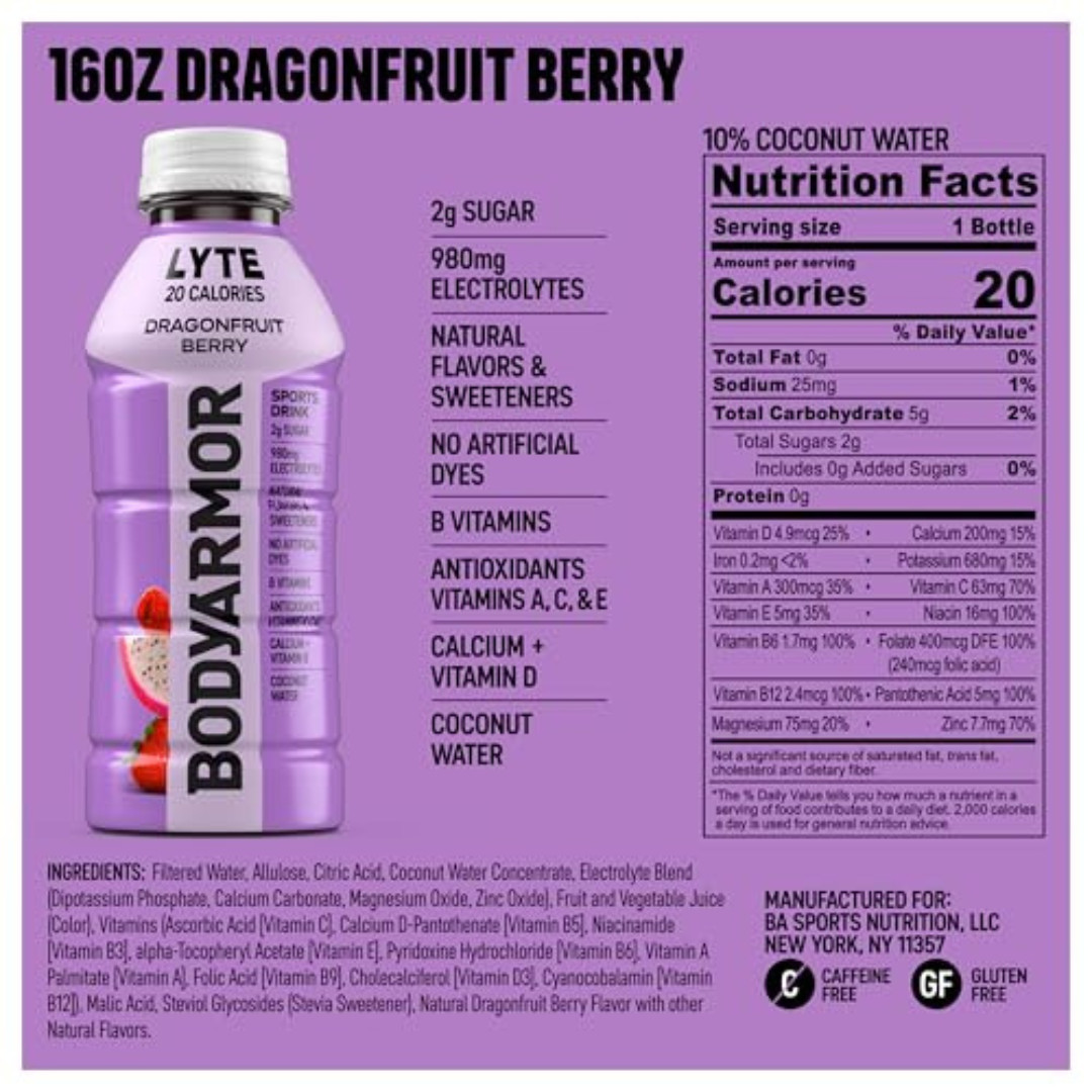 BODYARMOR LYTE, Dragonfruit Berry, Electrolyte Drink, 20 Calories, 16 Fl Oz Bott