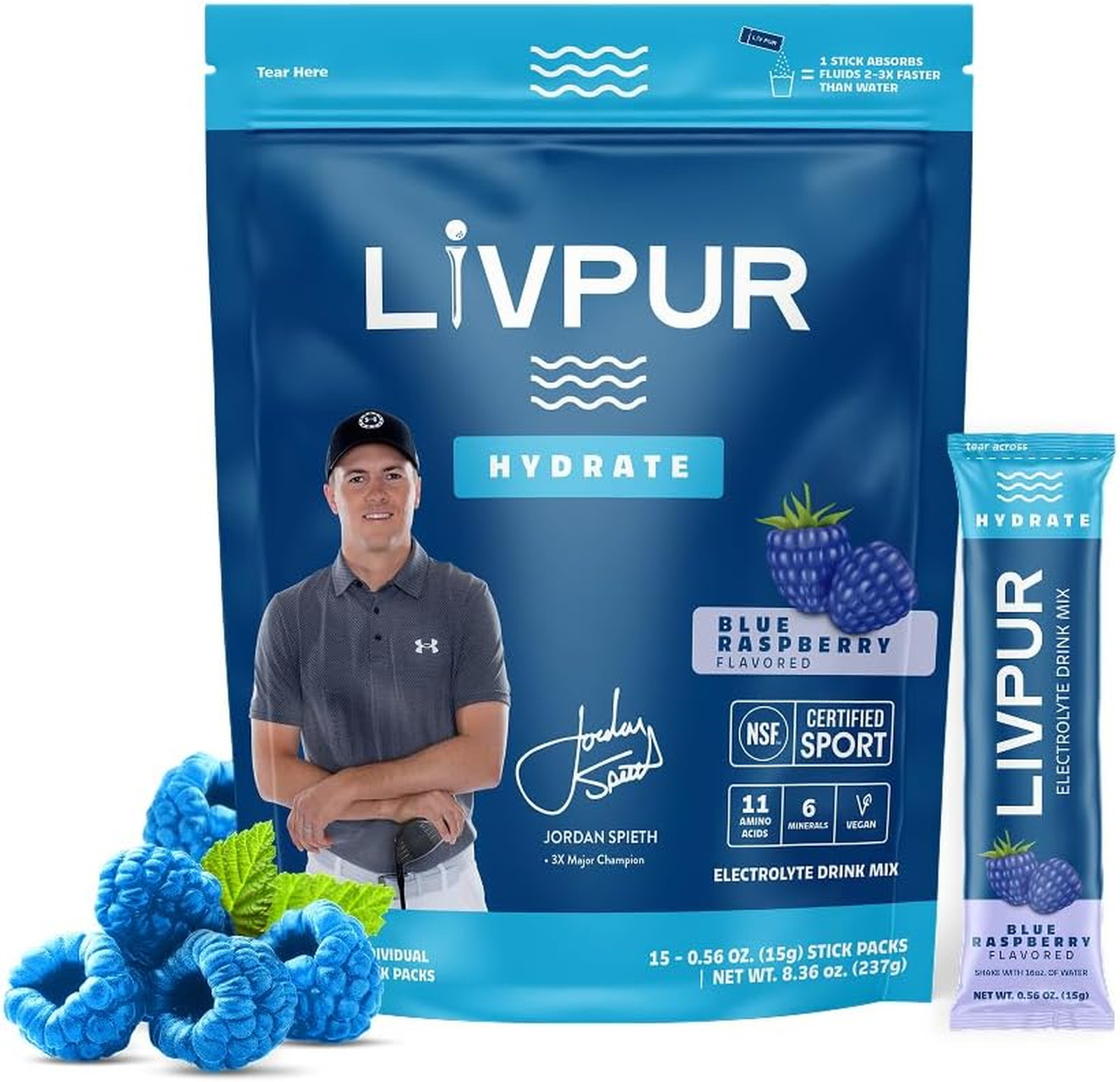 Electrolyte Hydration Powder Blue Raspberry 15 Sticks Sports Drink Mix with