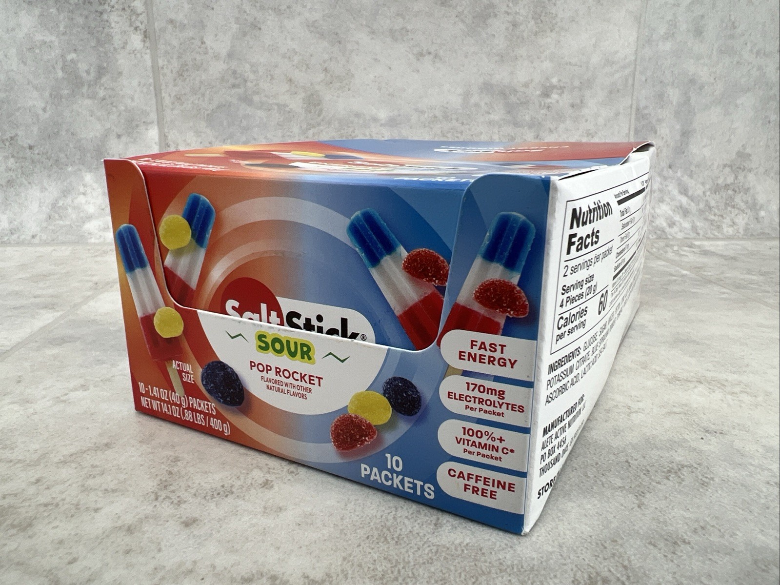 10 Pack! SaltStick Electrolyte Energy Gummies Sour Pop Rocket, Caffeine Free