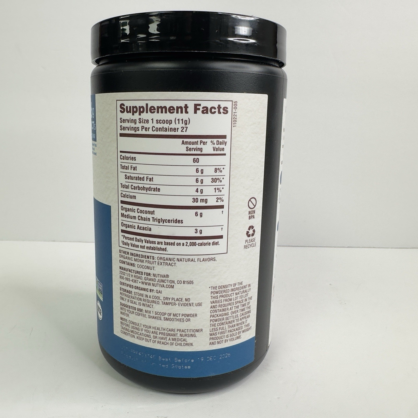 NUTIVA Organic MCT Powder Vanilla w/ Prebiotic Acacia 10.6 OZ BB 12/26 SHIP FREE