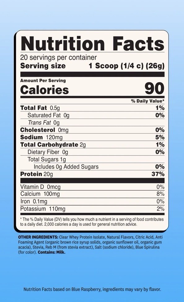 Wellah Clear Whey Protein Isolate Powder Blue Raspberry 20 Servings Exp 03/29