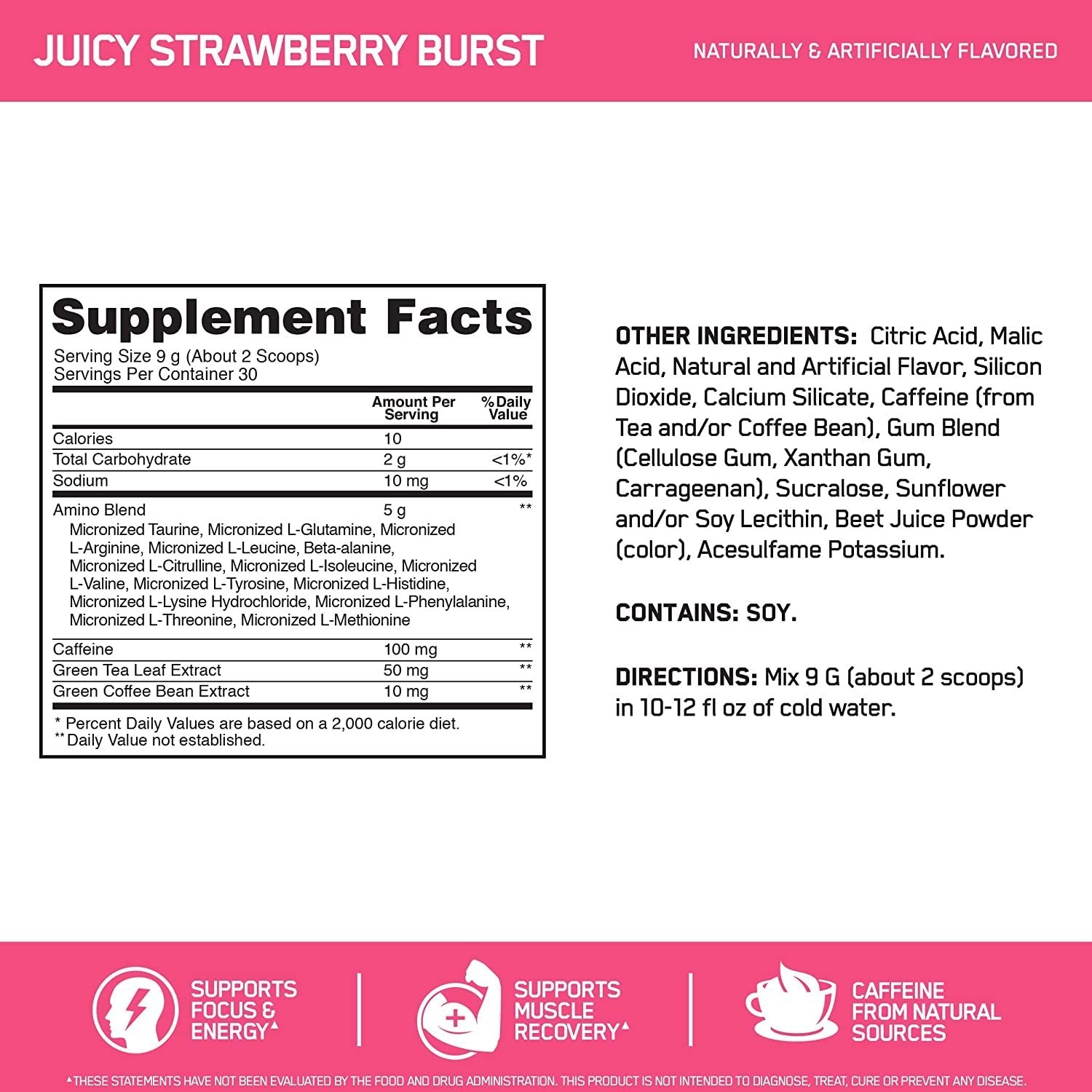 Amino Energy Pre Workout Powder – BCAA, Green Tea, Keto Friendly, Strawberry Bur