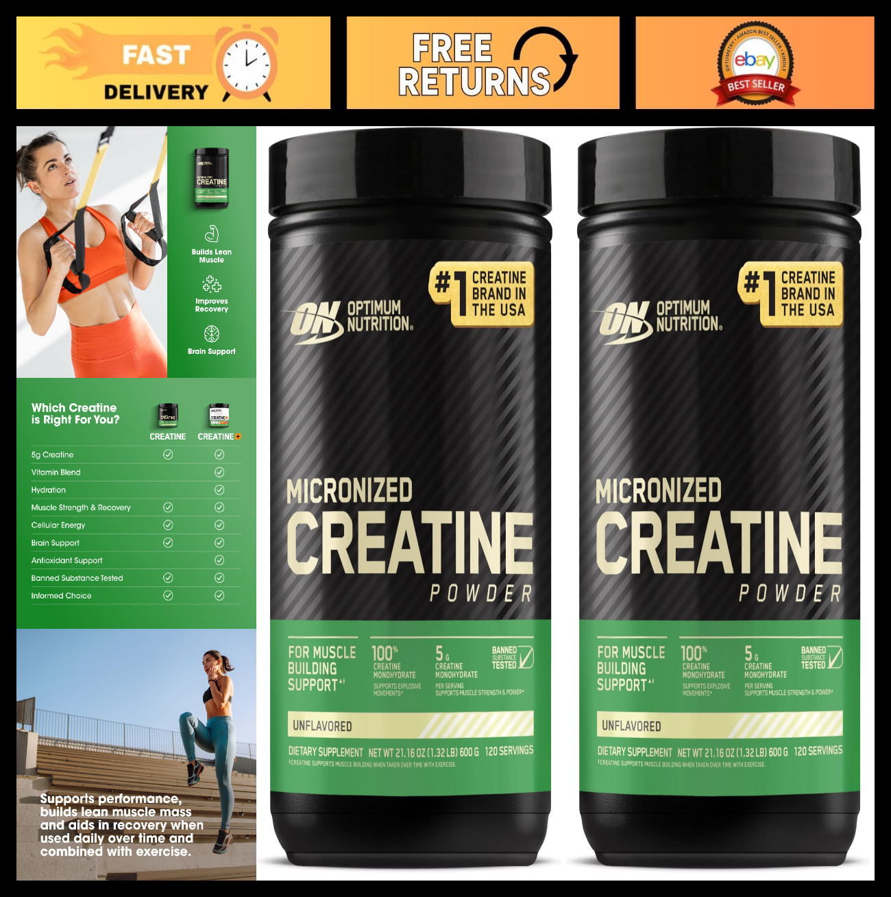 Micronized Creatine Monohydrate Powder – Unflavored, 120 Servings, 600g (2 Pack)