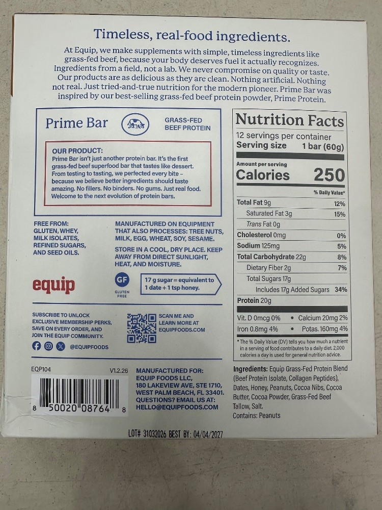 Equip Prime Protein Bars Peanut Butter Chocolate Grass-Fed Beef 12 Pack NEW