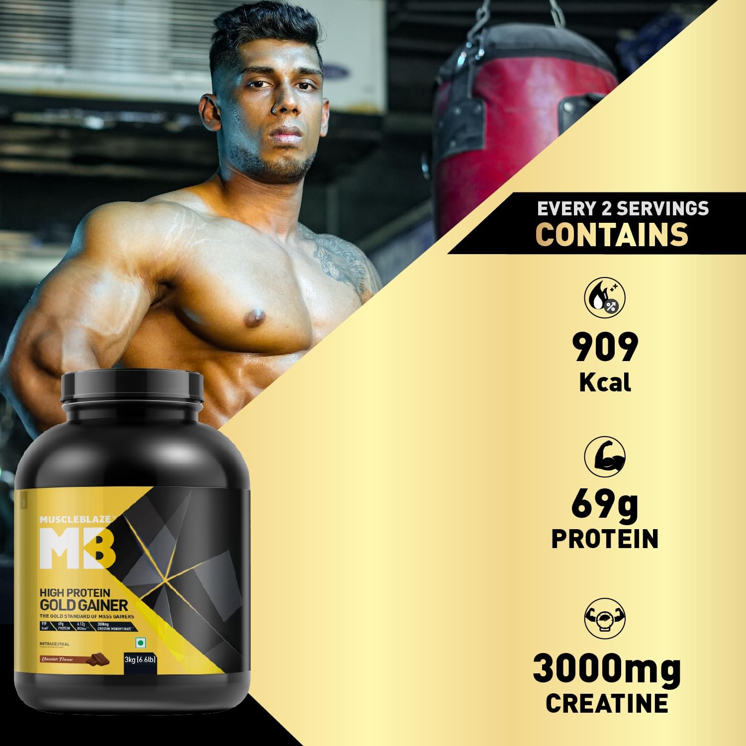 MuscleBlaze High Protein Gold Gainer (Chocolate, 3kg / 6.6lbs, 30 Servings)