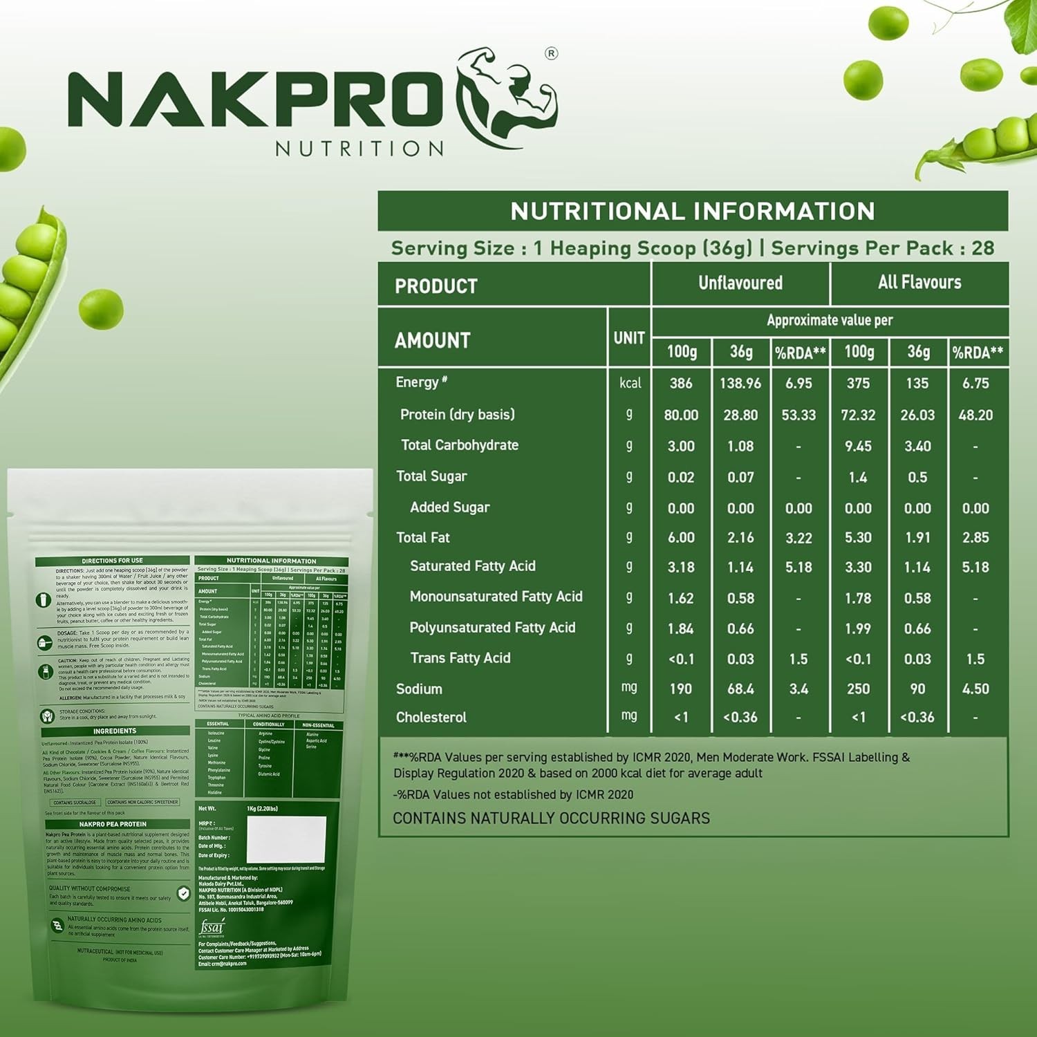 NAKPRO NUTRITION Pea Protein Isolate | 1 kg Unflavoured | 28g Protein |
