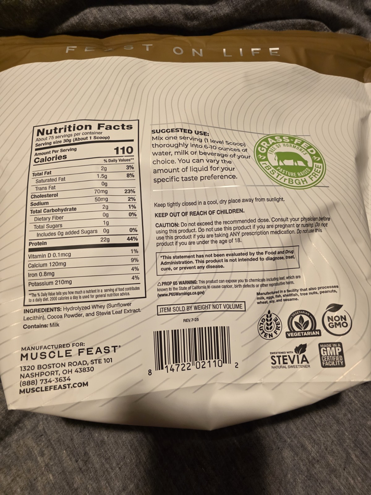 Muscle Feast Hydrolyzed Whey Protein Powder Chocolate Grass Fed 5 lb 75 Servings